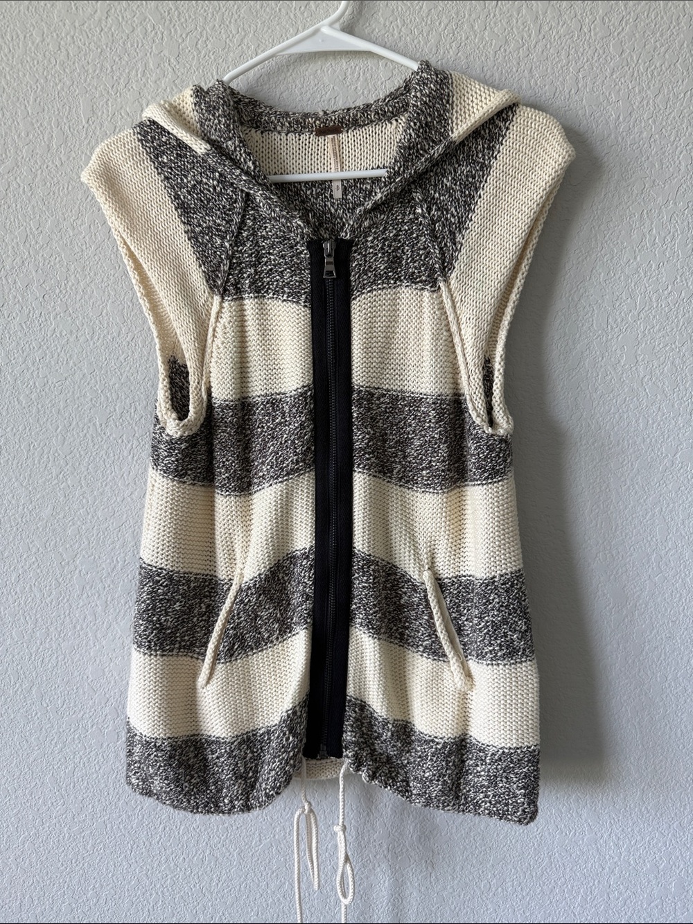 Free People Striped Hooded Knit Vest in Cream and Gray Marled